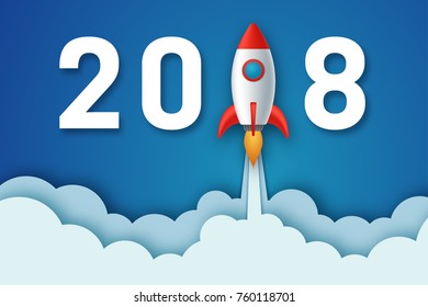 Happy New Year 2018 background with rocket lounch. Greeting card or calendar design template. Element for presentations, flyers, leaflets, postcards and posters. Vector illustration EPS10.
