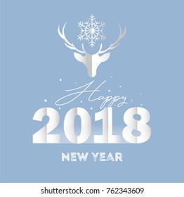 Happy New Year 2018 background. Calendar template. Hand drawn paper typeface on celebration background. Head of deer  and snowflake in paper art and craft style. Greeting card. Vector illustration.