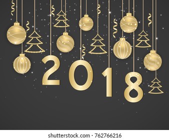 Happy New Year 2018. New Year background with golden hanging balls, Christmas trees and ribbons. Text, design element. Vector illustration.