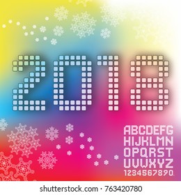 Happy New Year 2018 background decoration. Greeting card design template 2018 alphabet. Vector illustration of date 2018 year. Celebration brochure or flyer.