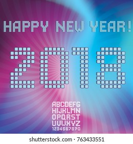 Happy New Year 2018 background decoration. Greeting card design template 2018 alphabet. Vector illustration of date 2018 year. Celebration brochure or flyer.