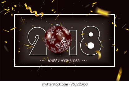 Happy New Year 2018 background with red Christmas decoration and defocused golden confetti.Vector illustration.