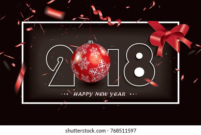 Happy New Year 2018 background with red gift bow,Christmas decoration and defocused transparent red confetti.Vector illustration.