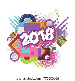Happy New Year 2018. background. Calendar cover template. Colorful & Modern memphis style background. Greeting card vector illustration.