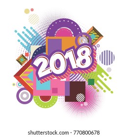 Happy New Year 2018. background. Calendar cover template. Colorful & Modern memphis style background. Greeting card vector illustration.