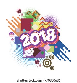 Happy New Year 2018. background. Calendar cover template. Colorful & Modern memphis style background. Greeting card vector illustration.