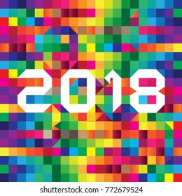 Happy New Year 2018 background decoration. Greeting card design template 2018 confetti.Abstract grid square pixel mosaic colorful background. Creative Design Templates. Can be adapt to Brochure.