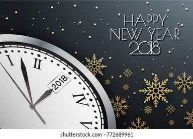 Happy New Year 2018 Background with Clock and Snowflake. Happy Holiday Theme. Vector illustration