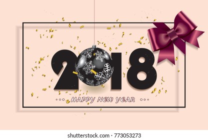 Happy New Year 2018 background with red gift bow,black Christmas decoration and golden confetti.Vector illustration.