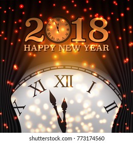 Happy New Year 2018 Background with Clock and Snowflake. Happy Holiday Theme. Vector illustration