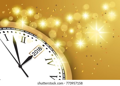 Happy New Year 2018 Background with Clock and Snowflake. Happy Holiday Theme. Vector illustration