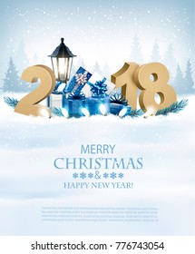 Happy New Year 2018 background with branch of tree and presents. Vector