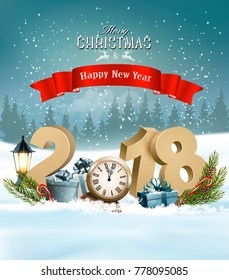 Happy New Year 2018 background with presents and clock. Vector.