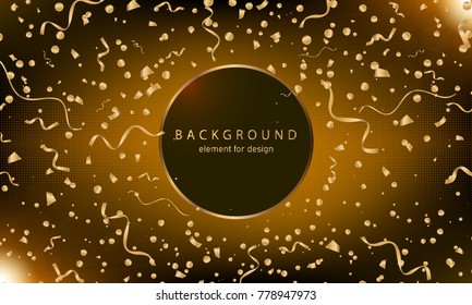 Happy new year 2018 background with bokeh effect. Elegant christmas background with sparkles. Vector gold serpentine and confetti on colourful background with a circle substrate for text. Celebration.