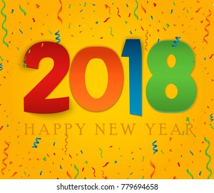 Happy New Year 2018 background. A colorful, hand-drawn font on the background of the holiday. Golden candy Greeting card. Vector illustration EPS10