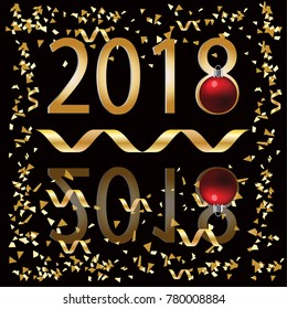 Happy New Year 2018 background decoration. Greeting card design template 2018 confetti and christmas ball. Holiday of 2018 year.