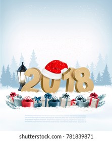 Feliz Año Nuevo 2018 con regalos y Santa Hat. Vector