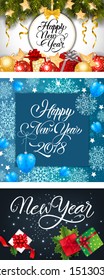 Happy New Year 2018 banner set with baubles and flakes. Decorative design can be used for invitations, post cards, announcements