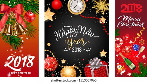Happy New Year 2018 banner set on black and red ground. Decorative design can be used for invitations, post cards, announcements