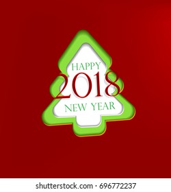 Happy New Year 2018 banner with christmas tree on red background