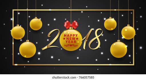 happy new year 2018 banner template golden glitter balls, stars, fame, ribbons and snow decoration for flyers, poster, web, banner, and card vector illustration