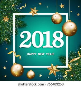 Happy New Year 2018 banner with pine branches decorated, gold stars and bubbles on blue background. Vector illustration template greeting card