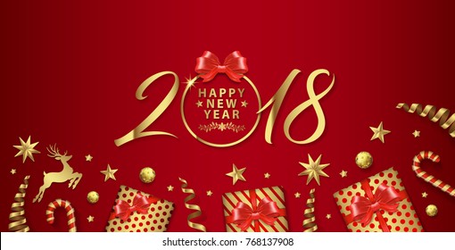 happy new year 2018 banner template gift, golden glitter balls, hanging stars, deer and ribbons decoration for flyers, poster, web, banner, and card vector illustration