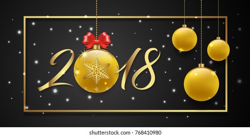 happy new year 2018 banner template golden glitter balls, stars, fame, ribbons and snow decoration for flyers, poster, web, banner, and card vector illustration
