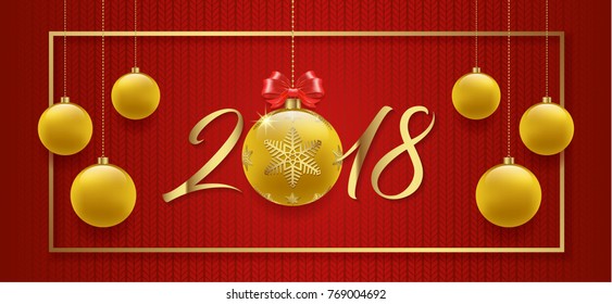 happy new year 2018 banner template golden glitter balls, stars, fame and ribbons decoration for flyers, poster, web, banner, and card vector illustration