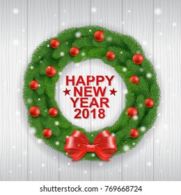 happy new year 2018 banner template christmas tree with wreath, glitter balls, ribbons, stars and snow decoration for flyers, poster, web, banner, and card vector illustration