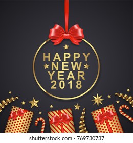 happy new year 2018 banner template golden glitter balls, stars, ribbons and gifts decoration for flyers, poster, web, banner, and card vector illustration