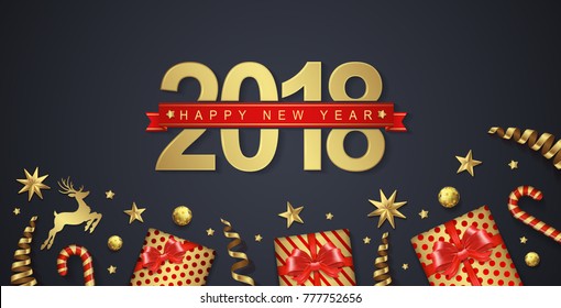 happy new year 2018 banner template gift, golden glitter balls, hanging stars, deer and ribbons decoration for flyers, poster, web, banner, and card vector illustration