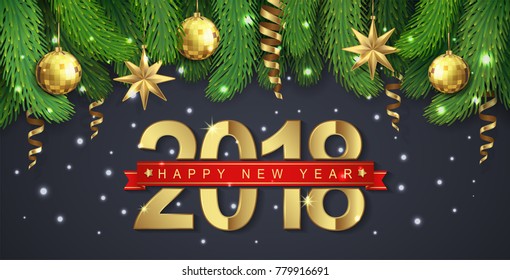 happy new year 2018 banner template typography, christmas tree, golden glitter balls, hanging stars, snow and ribbons decoration for flyers, poster, web, banner, and card vector illustration