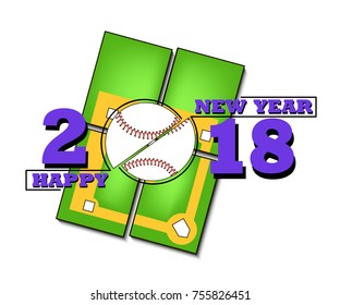 Happy new year 2018 and  baseball against the background of a tennis field. Vector illustration