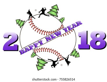 happy new year 2018 and baseball with Christmas trees. Baseball player hits the ball with the filing. Vector illustration