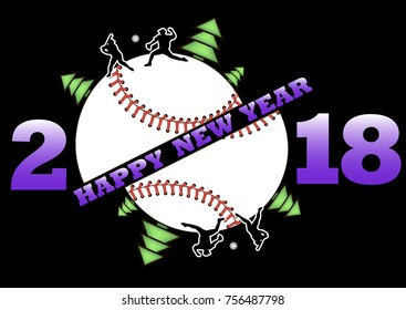 happy new year 2018 and baseball with Christmas trees. Baseball player hits the ball with the filing. Vector illustration