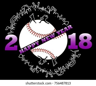 happy new year 2018 and baseball with baseball fans. Baseball player hits the ball with the filing. Vector illustration