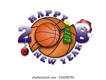 happy new year 2018 and basketball with Christmas tree, ball and hat. Vector illustration