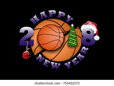 happy new year 2018 and basketball with Christmas tree, ball and hat. Vector illustration