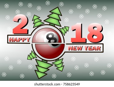 Happy new year 2018 and  billiard with Christmas trees. Vector illustration