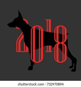 Happy new year 2018 with black dog on gray background