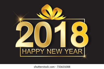 Happy New Year 2018, black background with gold gift bow and text gold color