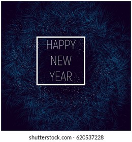 Happy new year 2018 with blue or green and  white frame. lights wreath of fir branches