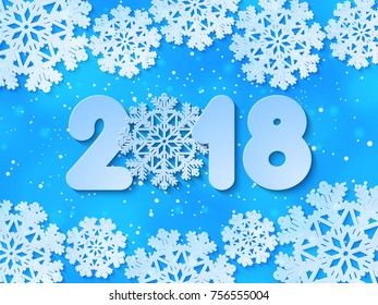 Happy New Year 2018  blue paper cut out background with snowflake decoration. Vector illustration
