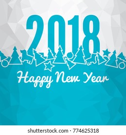 Happy New Year 2018. Blue winter background background with Christmas trees, balloons and dogs. Greeting card, poster or brochure template. Vector illustration.