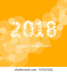 happy new year 2018 in bokeh and lens flare pattern on summer orange background. vector