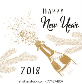 Happy New Year 2018! A bottle of champagne and a splash of champagne. Vector illustration of a greeting card