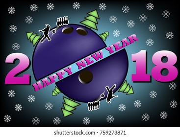 happy new year 2018 and bowling ball with Christmas trees. the player tries to knock down skittles bowling ball. Vector illustration