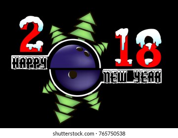 Happy new year 2018 and  bowling ball with Christmas trees. Vector illustration