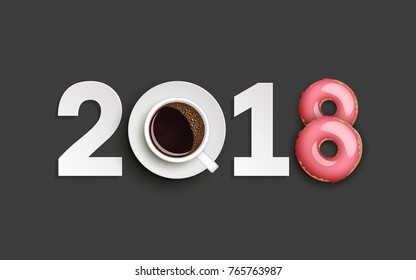 Happy New Year 2018 breakfast coffee & donuts background. Greeting card 2018 cup of coffee & donuts icing flyer. Coffee & donuts of date 2018 year view from above banner. Celebrate breakfast brochure
